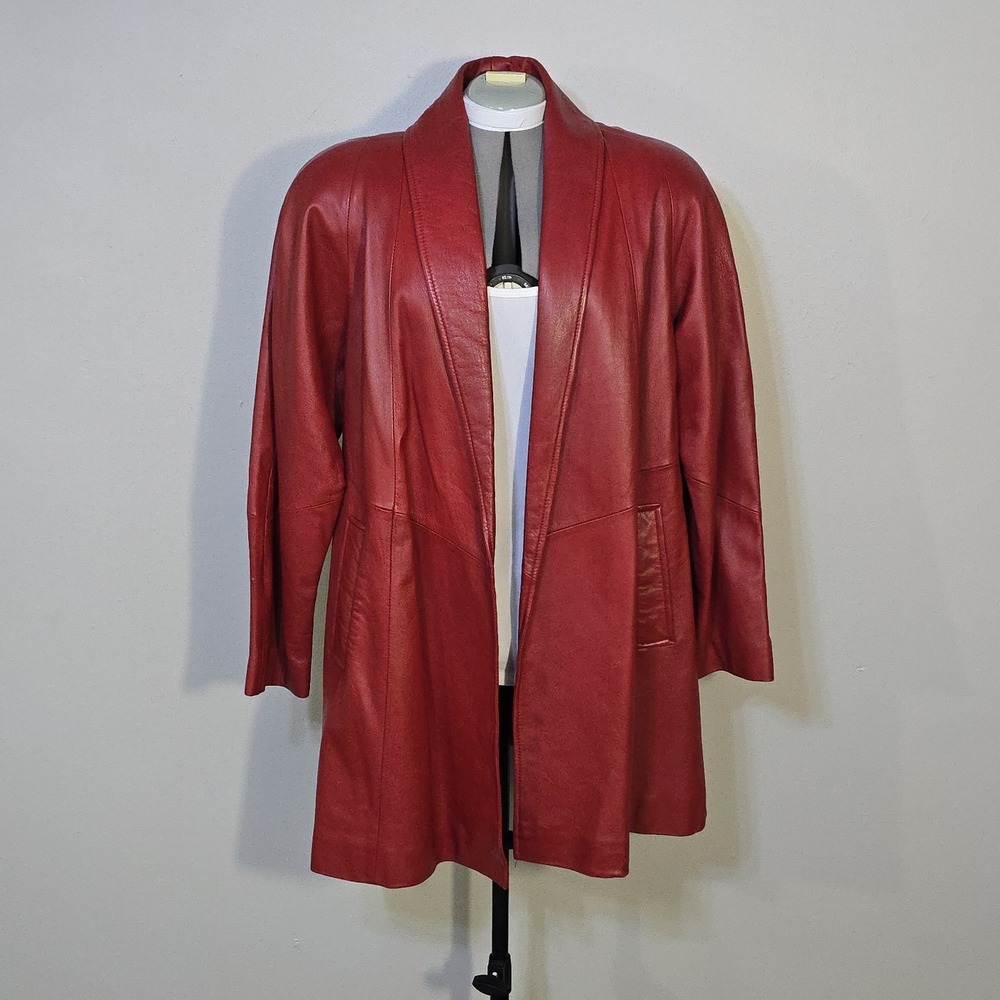VTG Preston And York Red Lambskin Leather Coat Open Front Mid Length Women's L‎